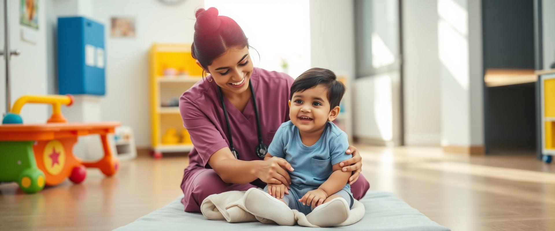 Pediatric physiotherapist working with a young child